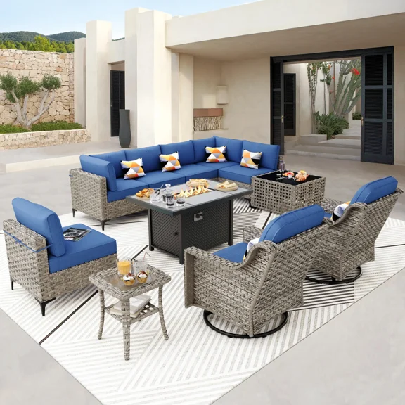 Ovios 11 Pieces Outdoor Patio Furniture Set with Gas Propane Firepit Table Wicker Outdoor Conversation Set with Swivel Rocking Chair & Solar Lamps Coffee Table