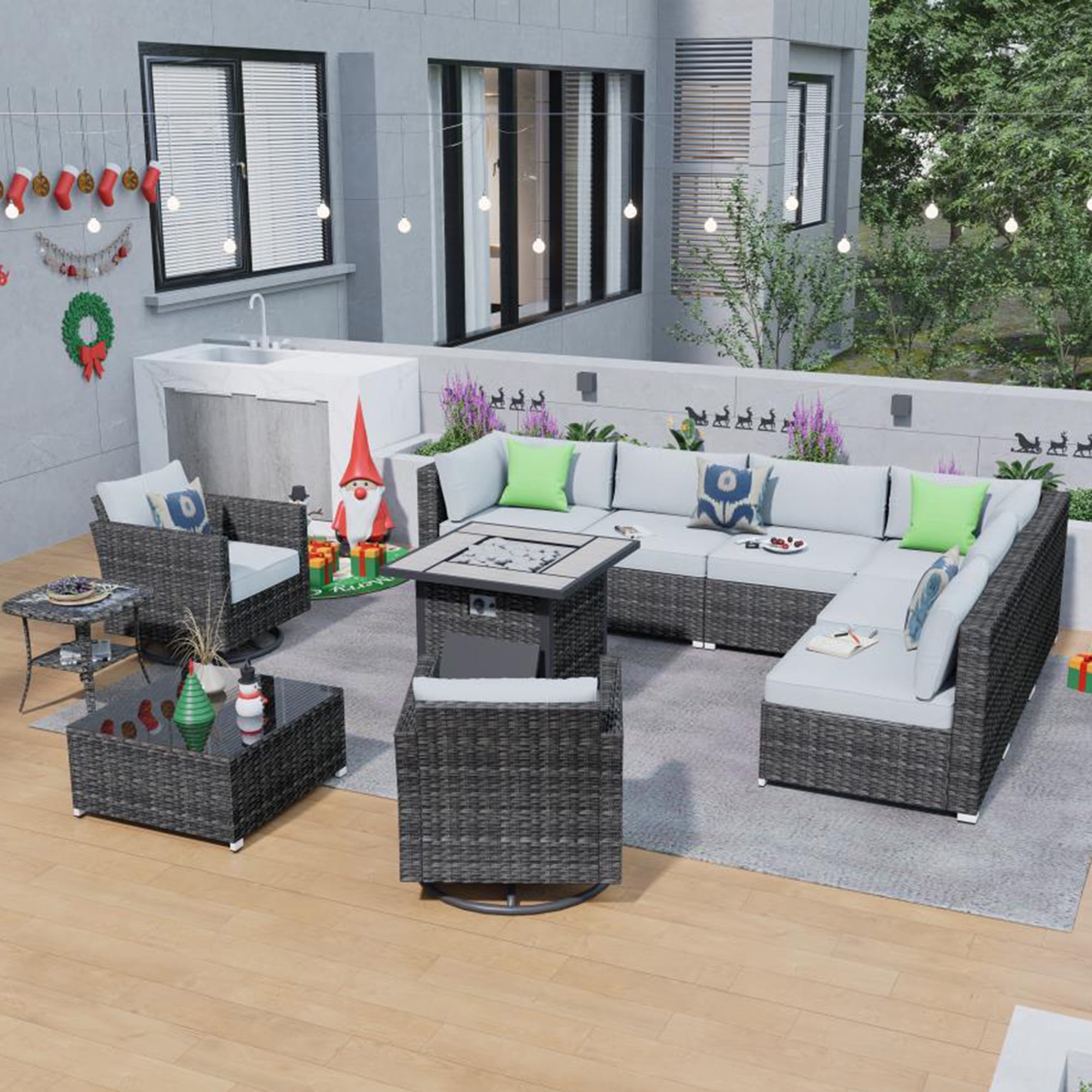 Ovios 11 Pieces Outdoor Patio Furniture with 30 inch Fire Pit Table All Weather Wicker