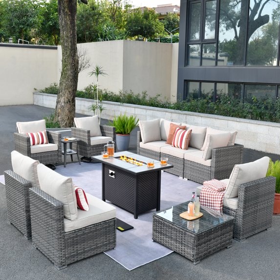 Ovios 11 Pieces Patio Fire Pit Set Outdoor Wicker Sectional Sofa Conversation Set with Swivel Rocking Chairs and Side Table,Beige