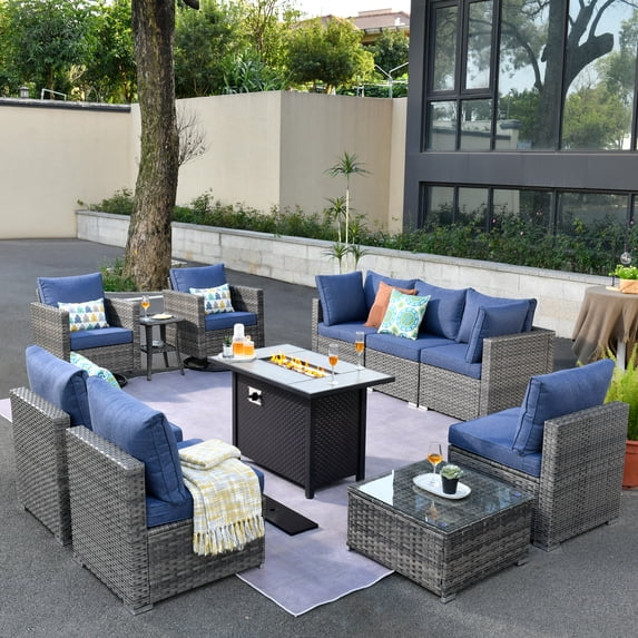 Ovios 11 Pieces Patio Fire Pit Set Outdoor Wicker Sectional Sofa Conversation Set with Swivel Rocking Chairs and Side Table,Denim Blue