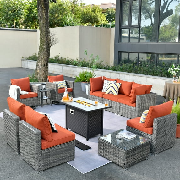 Ovios 11 Pieces Patio Fire Pit Set Outdoor Wicker Sectional Sofa Conversation Set with Swivel Rocking Chairs and Side Table,Orange Red