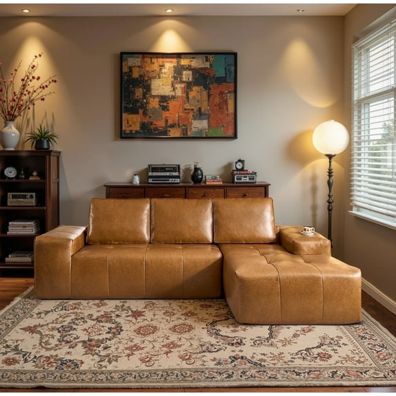 Ovios 114" Cloud Sectional Sofa, L-Shaped Deep Seat Modular Boneless Couch, No Assembly Required,Brown(Faux Leather)