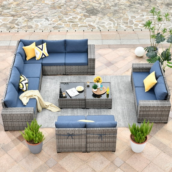 Ovios 12 Pieces Outdoor Furniture All Weather Wicker Patio Conversation Sectional Sofa Set with Side Table for Garden Backyard