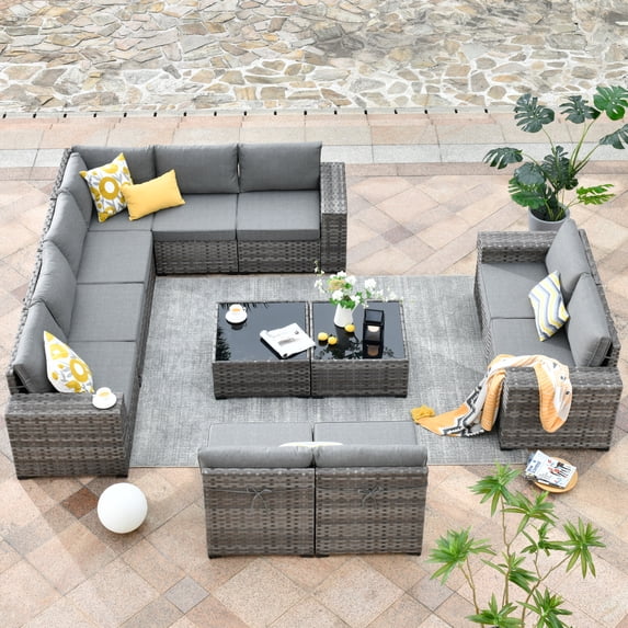 Ovios 12 Pieces Outdoor Furniture All Weather Wicker Patio Conversation Sectional Sofa Set with Side Table for Garden Backyard