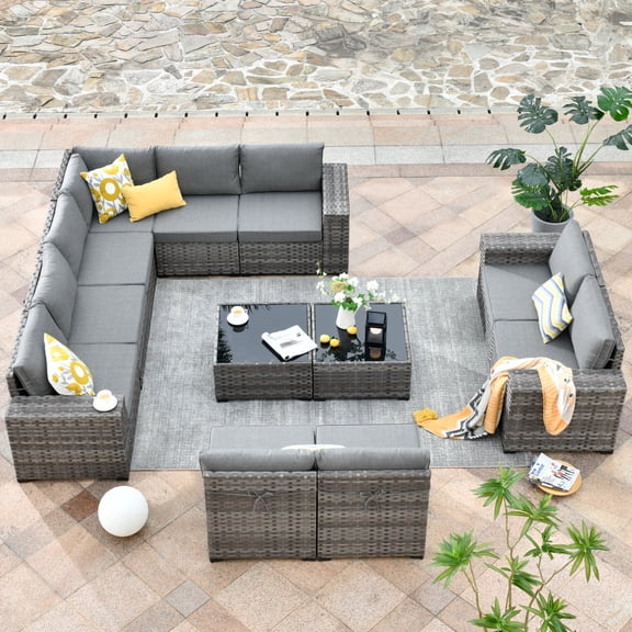 Ovios 12 Pieces Outdoor Furniture All Weather Wicker Patio Conversation Sectional Sofa Set with Side Table for Garden Backyard