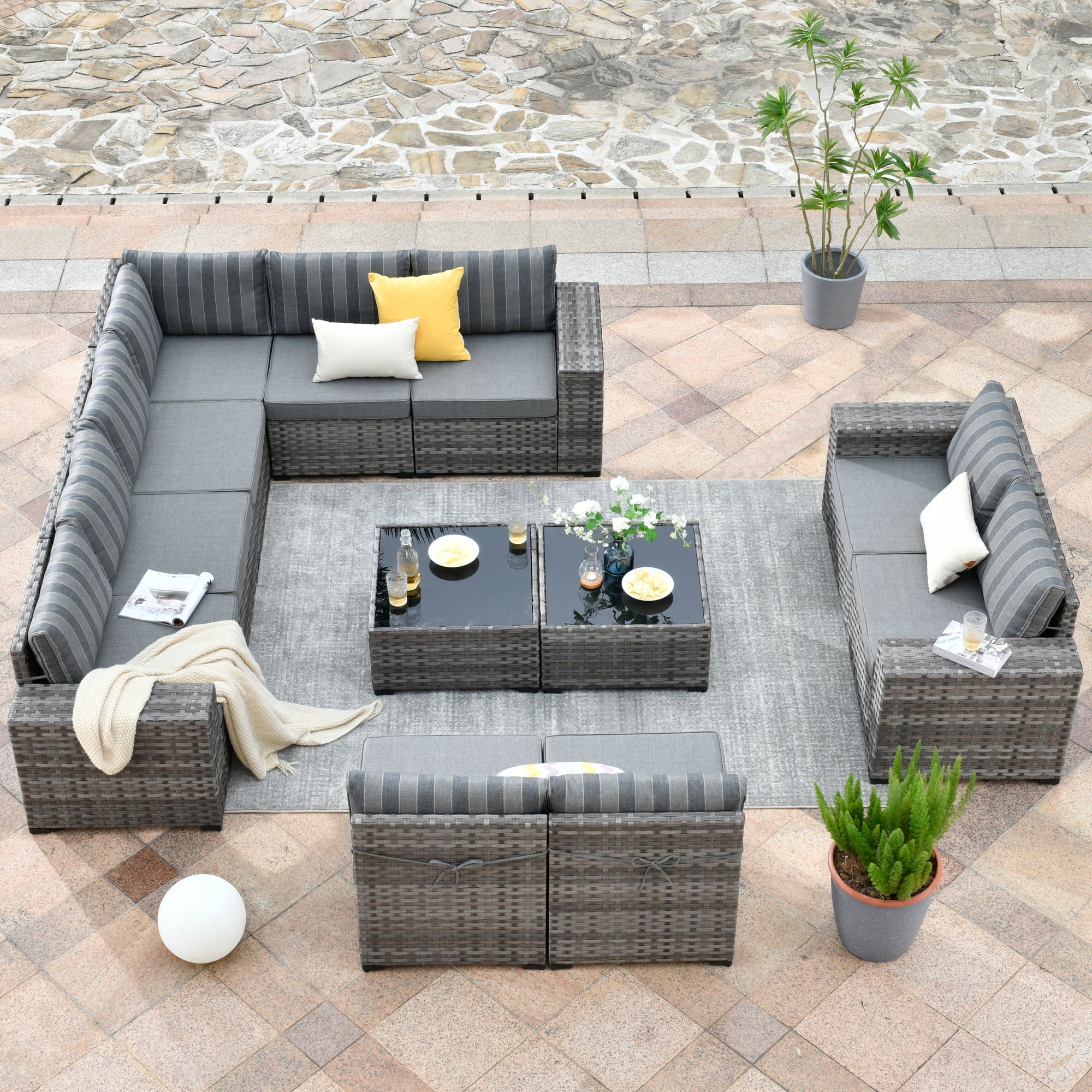 Ovios 12 Pieces Outdoor Furniture All Weather Wicker Patio Conversation Sectional Sofa Set with Side Table for Garden Backyard