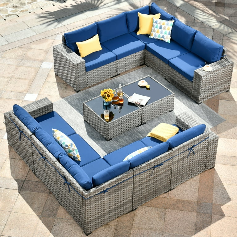 Ovios 12 Pieces Outdoor Furniture All Weather Wicker Patio Conversation Sectional Sofa Set with Side Table for Garden Backyard