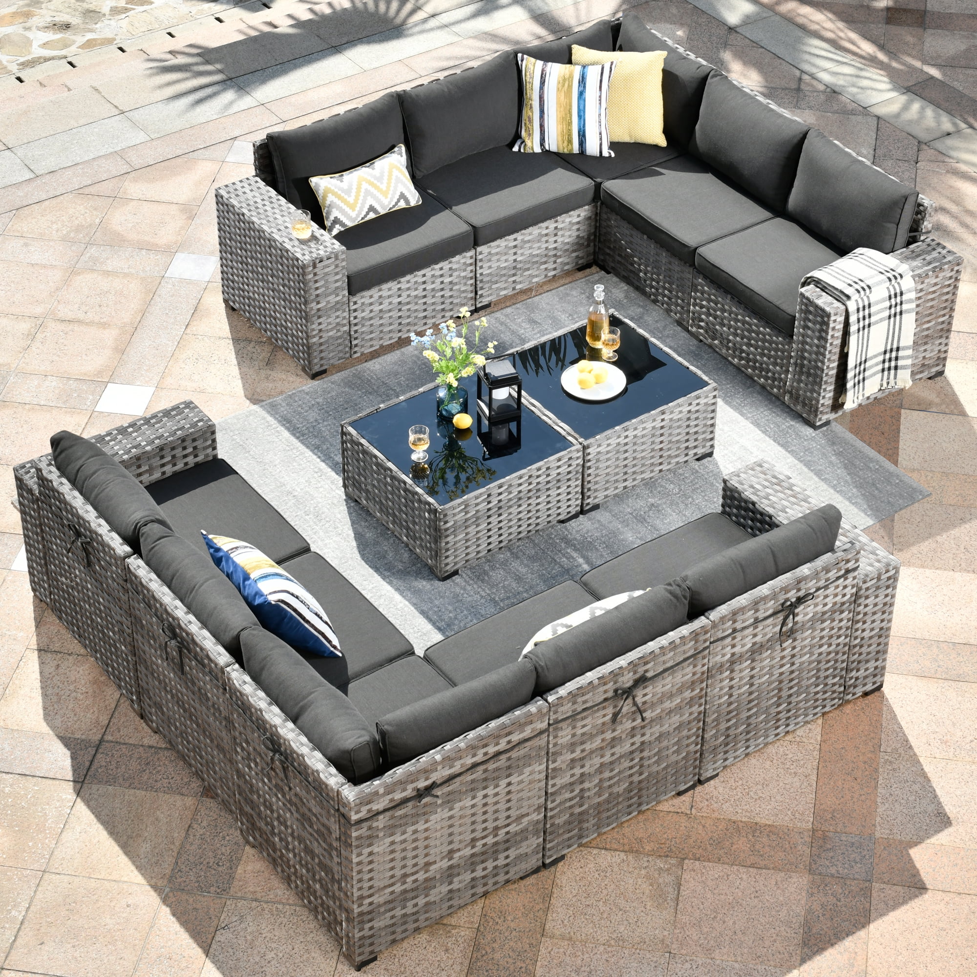 Ovios 12 Pieces Outdoor Furniture All Weather Wicker Patio Conversation Sectional Sofa Set with Side Table for Garden Backyard