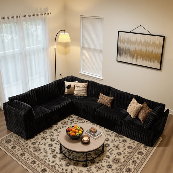 Ovios 127" Modular Sofa, Oversized L Shaped Extra Deep Cloud Corduroy Sectional for Living Room, Black