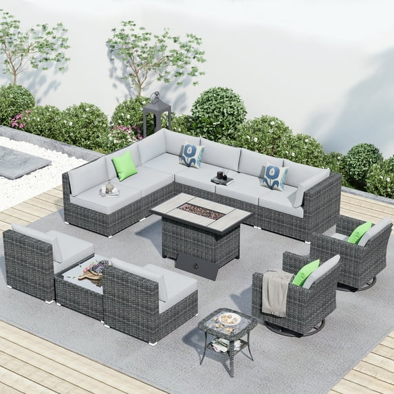Ovios 13 Pieces Outdoor Patio Furniture with Fire Pit Table Wicker Patio Sectional Sofa with Swivel Chairs for Backyard