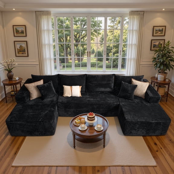Ovios 134" Oversized U-Shaped Modular Sectional Sofa No Assembly Cloud Couch with Dual Chaise Plush Corduroy Boneless Sofa for Living Room, Black