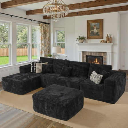 Ovios 133" Oversized Modular Sectional Sofa U-Shaped Corduroy Couch with Chaise & Ottoman Deep-Seat Sofa Set for Living Room, Black