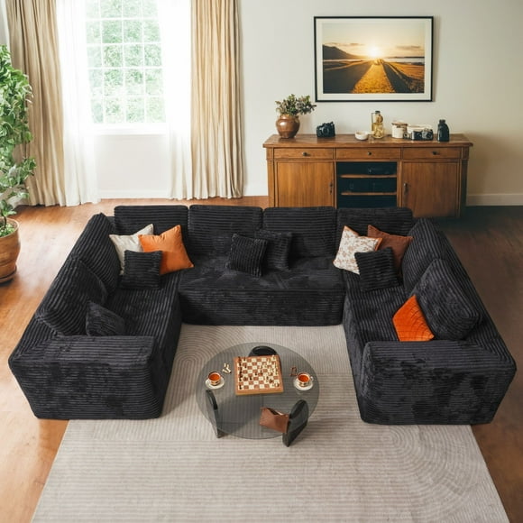Ovios 135" Modular Sectional Sofa U-Shape Cloud Plush Corduroy Couch with Chaise Big Comfy Sleeper Floor Sofa for Living Room, No Assembly Required, Black