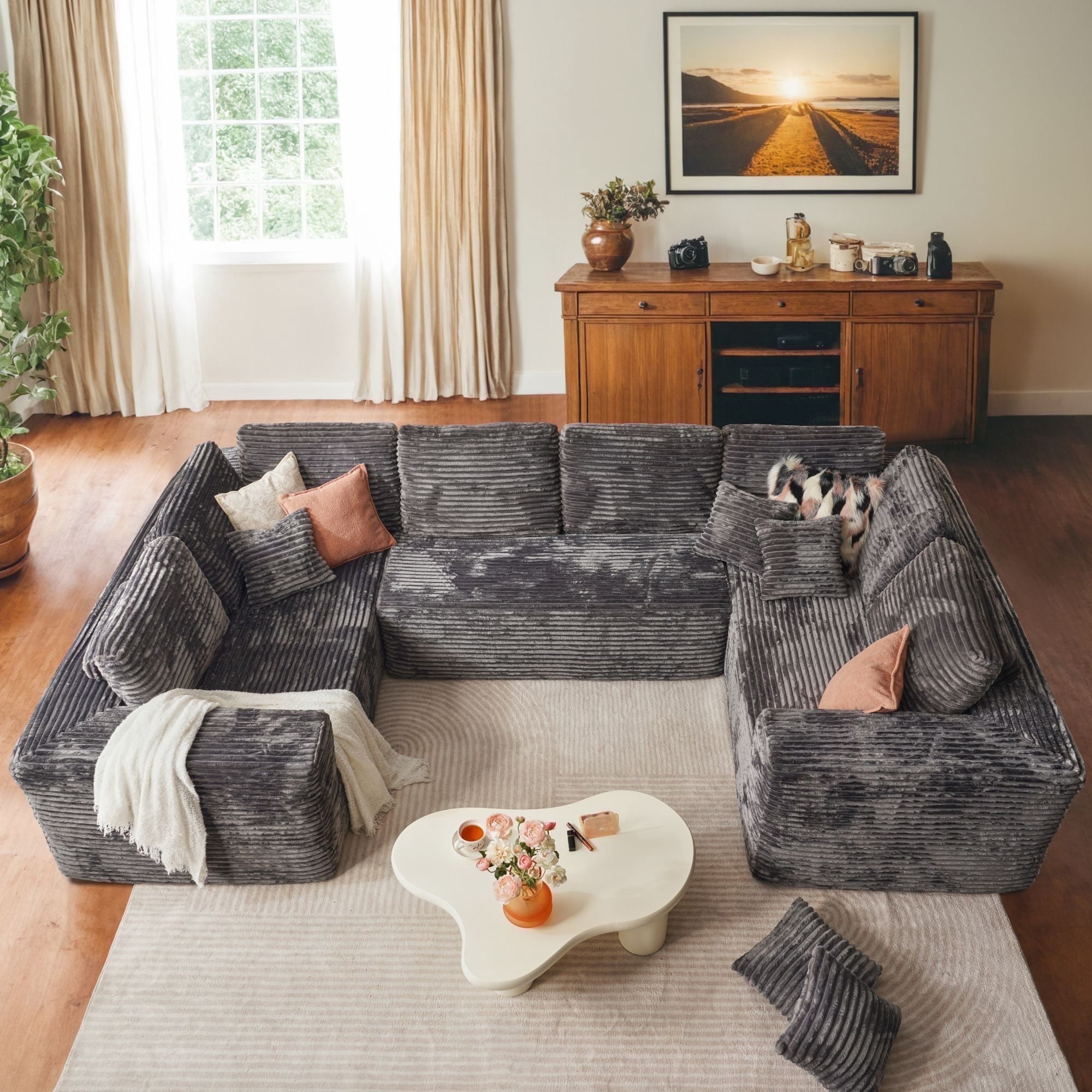 Ovios 135" U-Shape Modular Sectional Sofa Extra Large Plush Corduroy Couch Deep Seat Cloud Sofa Bed for Living Room, Gray, No Assembly Needed