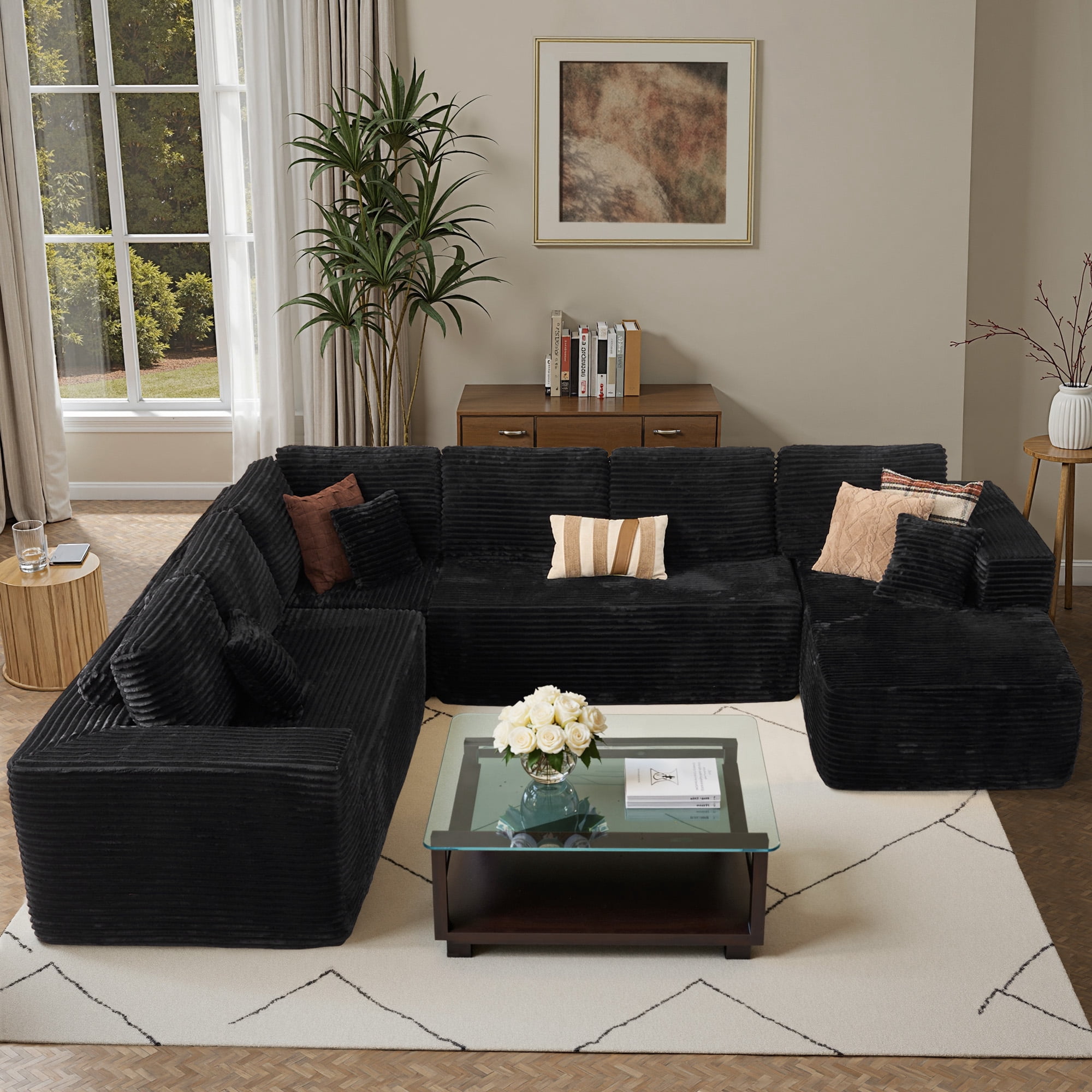 Ovios 135'' x 107'' U-Shaped Oversized Sectional Sofa Modern Modular Cloud Couch with Deep Seat Plush Corduroy Upholstered Large Comfy Sofa for Living Room, No Assembly, Black