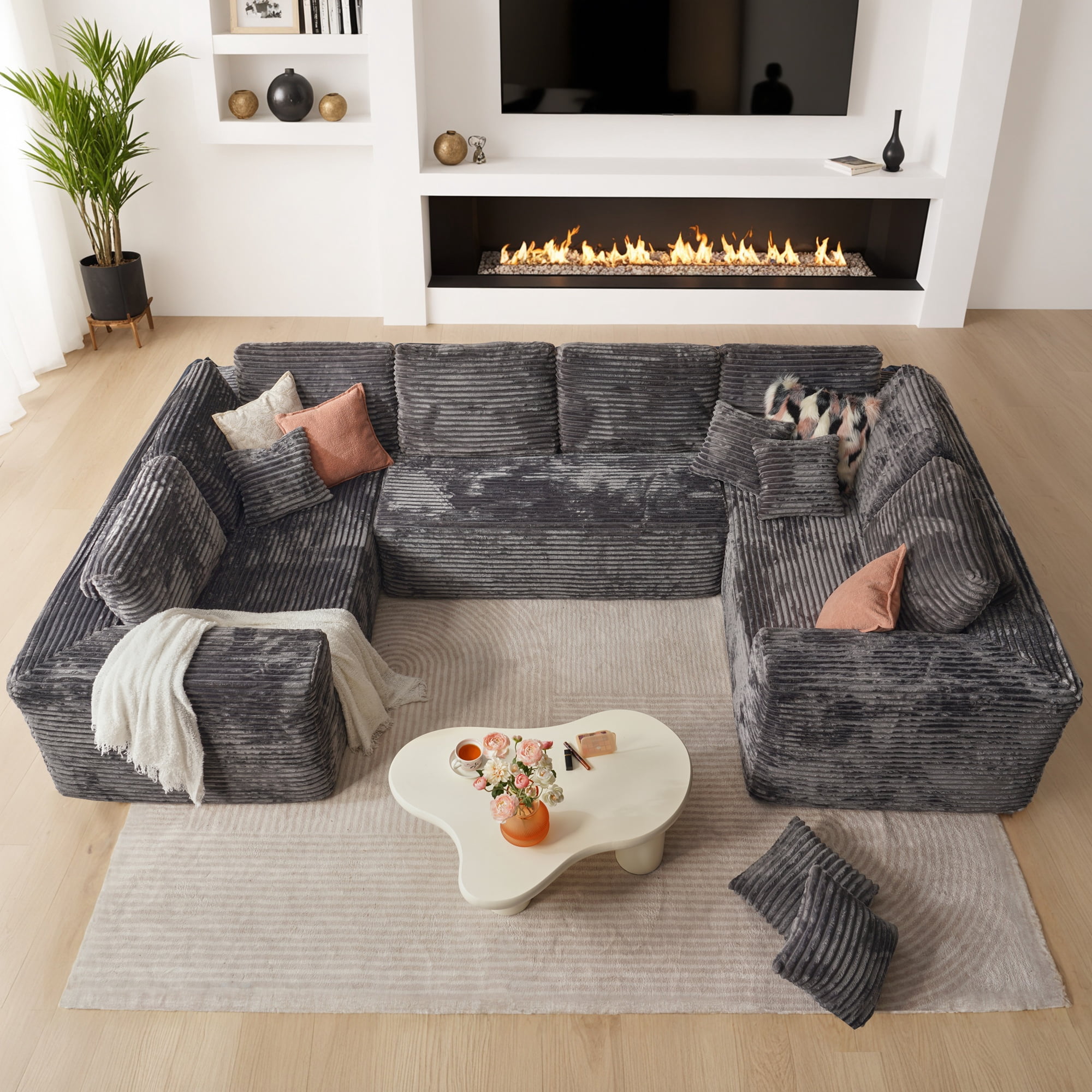 Ovios 135'' x 68'' U-Shaped Oversized Sectional Sofa Modern Modular Cloud Couch with Deep Seat Plush Corduroy Upholstered Large Comfy Sofa for Living Room, No Assembly, Gray