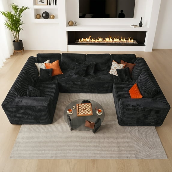 Ovios 135'' x 68'' U-Shaped Oversized Sectional Sofa Modern Modular Cloud Couch with Deep Seat Plush Corduroy Upholstered Large Comfy Sofa for Living Room, No Assembly, Black