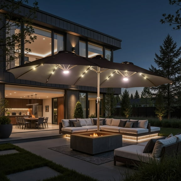 Ovios 15ft Solar LED Patio Umbrellas Double-Sided Outdoor Umbrella 36 LED Lights Large Poolside Umbrella with Base for Outside, Market, Backyard, Dark Grey