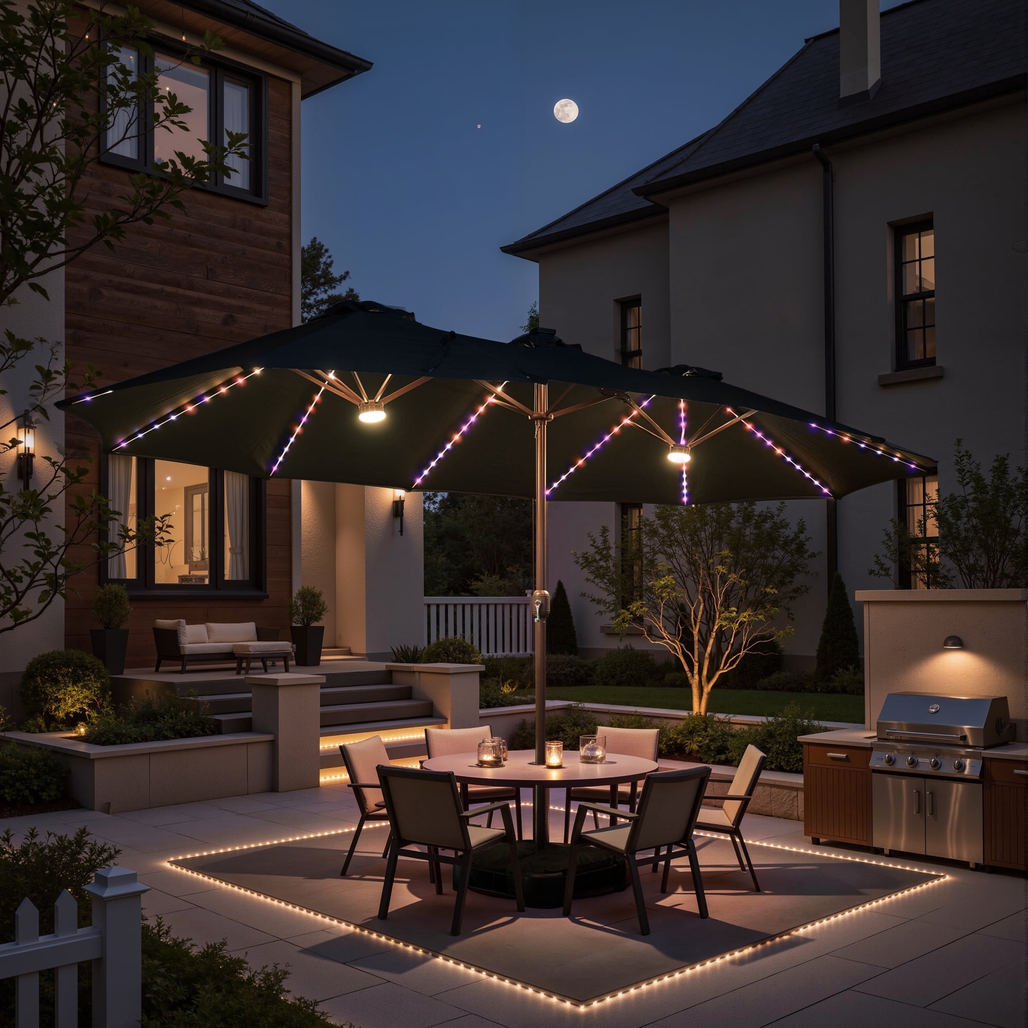 jersey square patio umbrella 10' x 10' Saville luna bluetooth umbrella lights Wood Patio Dining Set Color:As Shown A full days sun