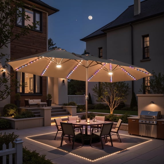 Ovios 15ft Solar LED Patio Umbrellas Double-Sided Outdoor Umbrella with 156 Colorful LED Lights Large Poolside Umbrella with Base, Tan