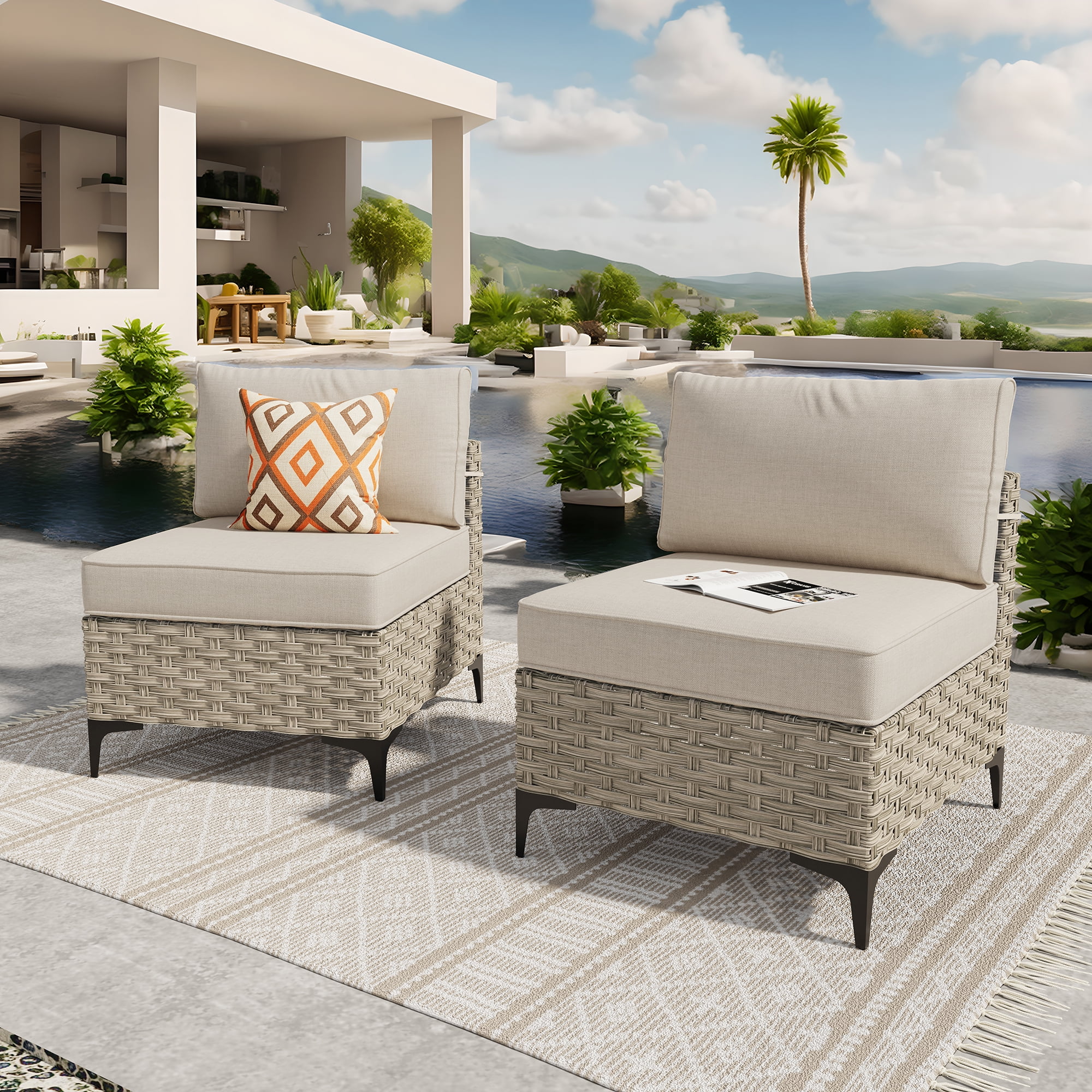 Ovios 2 Pieces Outdoor Patio Conversation Furniture Set Cushioned PE Rattan Wicker Chairs Set