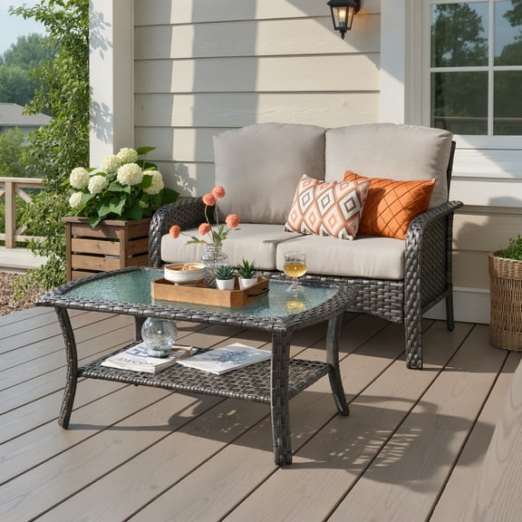 Ovios 2 Pieces Outdoor Patio Furniture High Back Wicker Rattan Outdoor Sectionals Set with Table for Backyard Balcony