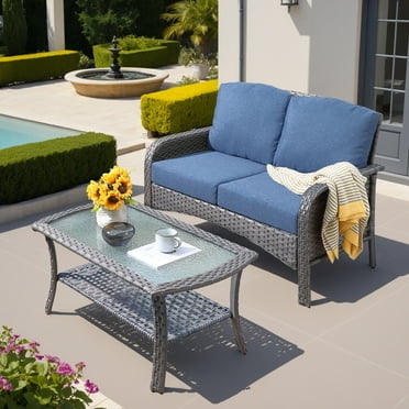 Ovios 2 Pieces Outdoor Patio Furniture High Back Wicker Rattan Outdoor Sectionals Set with Table for Backyard Balcony