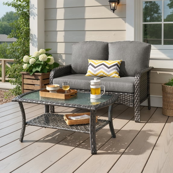 Ovios 2 Pieces Outdoor Patio Furniture High Back Wicker Rattan Outdoor Sectionals Set with Table for Backyard Balcony