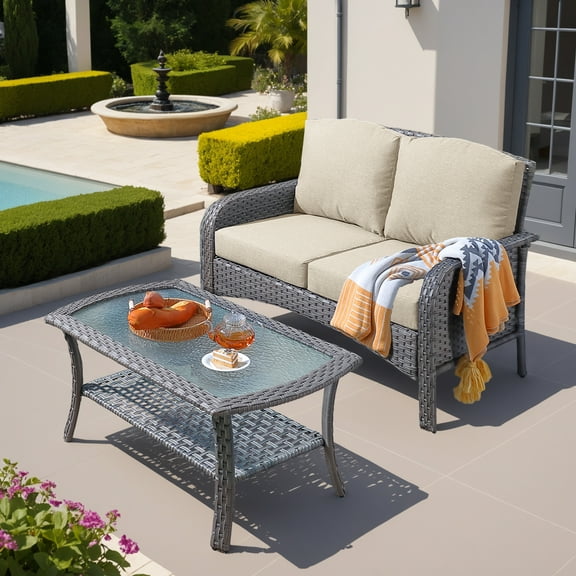 Ovios 2 Pieces Outdoor Patio Furniture High Back Wicker Rattan Outdoor Sectionals Set with Table for Backyard Balcony