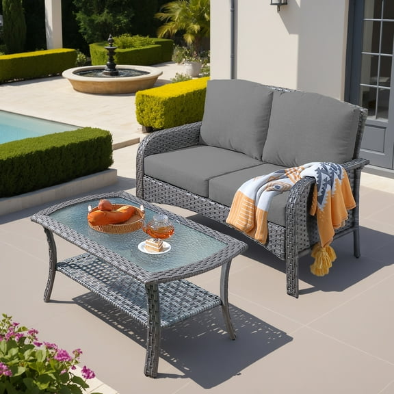 Ovios 2 Pieces Outdoor Patio Furniture High Back Wicker Rattan Outdoor Sectionals Set with Table for Backyard Balcony