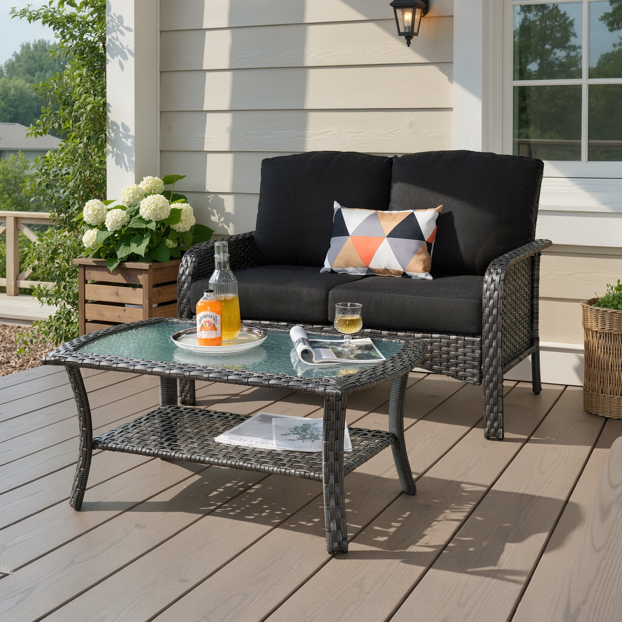 Ovios 2 Pieces Outdoor Patio Furniture High Back Wicker Rattan Outdoor Sectionals Set with Table for Backyard Balcony