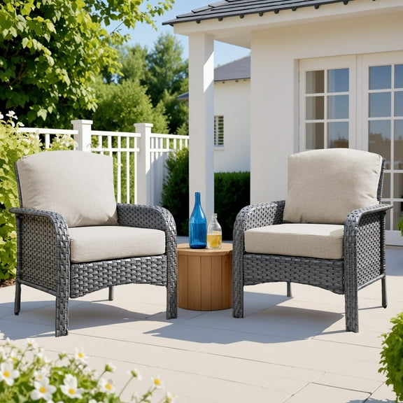 Ovios Patio Chairs Set of 2 All-Weather Wicker Patio Furniture Chairs Set Rattan High-Back Outdoor Armchairs with Cushions, Beige