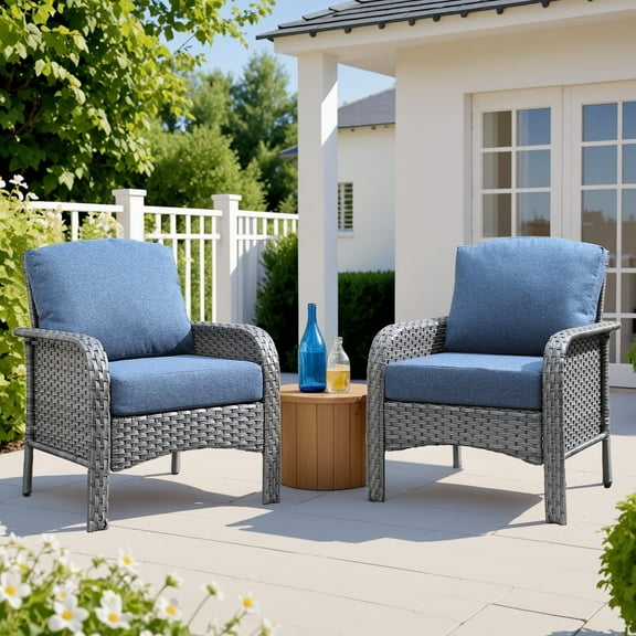 Ovios Patio Chairs Set of 2 All-Weather Wicker Patio Furniture Chairs Set Rattan High-Back Outdoor Armchairs with Cushions, Denim Blue
