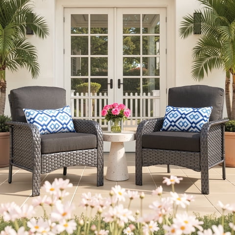 Ovios Patio Chairs Set of 2 All-Weather Wicker Patio Furniture Chairs Set Rattan High-Back Outdoor Armchairs with Cushions, Black