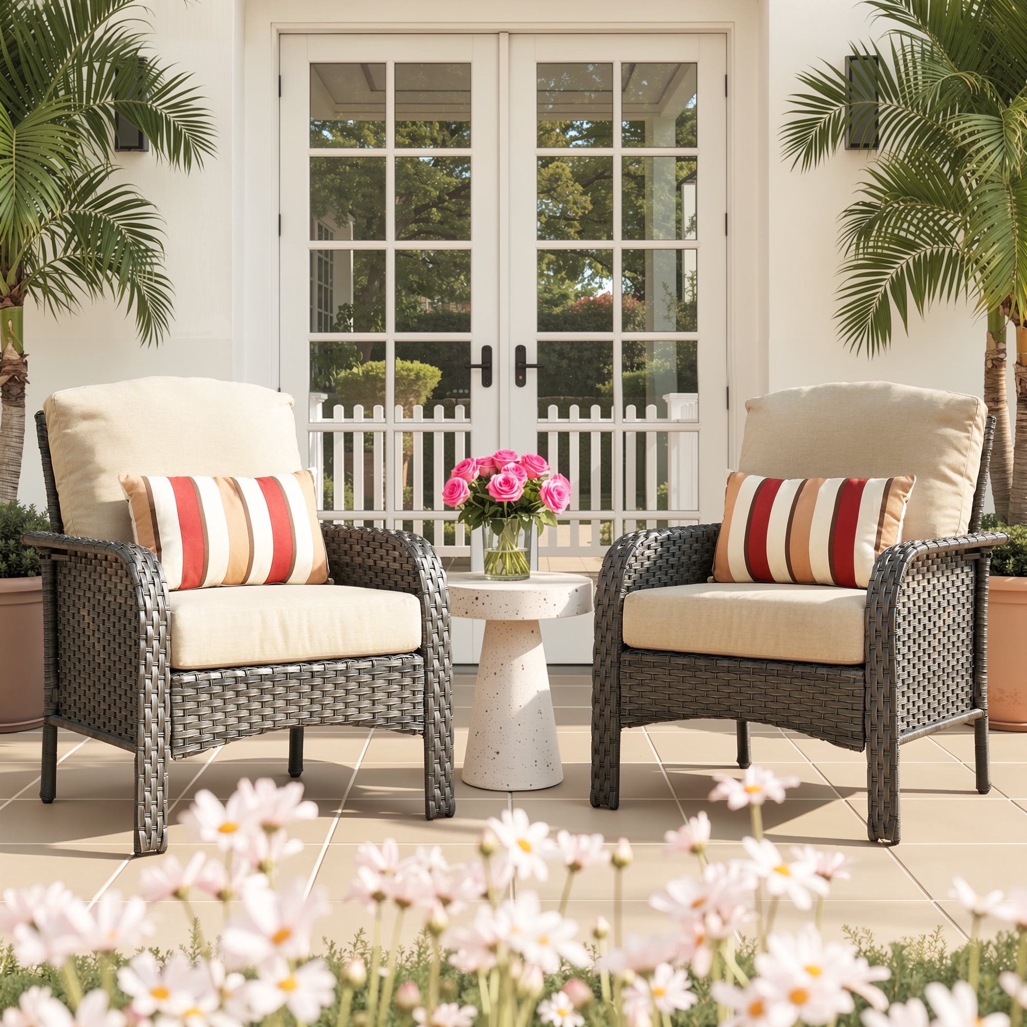 Ovios Patio Chairs Set of 2 All-Weather Wicker Patio Furniture Chairs Set Rattan High-Back Outdoor Armchairs with Cushions, Beige