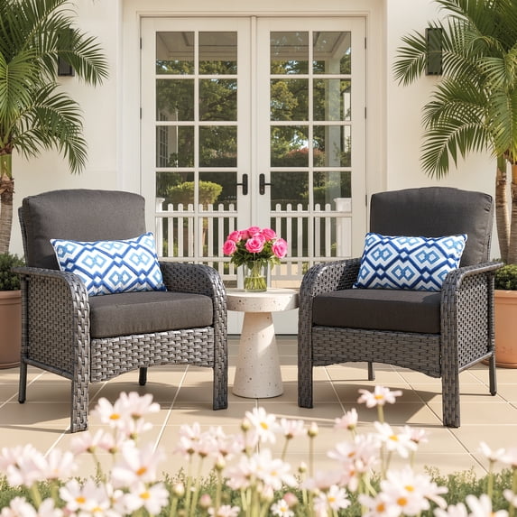 Ovios Patio Chairs Set of 2 All-Weather Wicker Patio Furniture Chairs Set Rattan High-Back Outdoor Armchairs with Cushions, Black