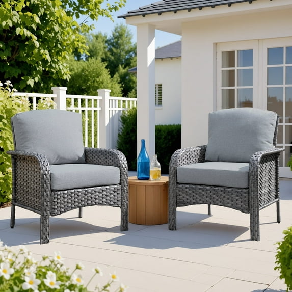 Ovios Patio Chairs Set of 2 All-Weather Wicker Patio Furniture Chairs Set Rattan High-Back Outdoor Armchairs with Cushions, Dark Grey