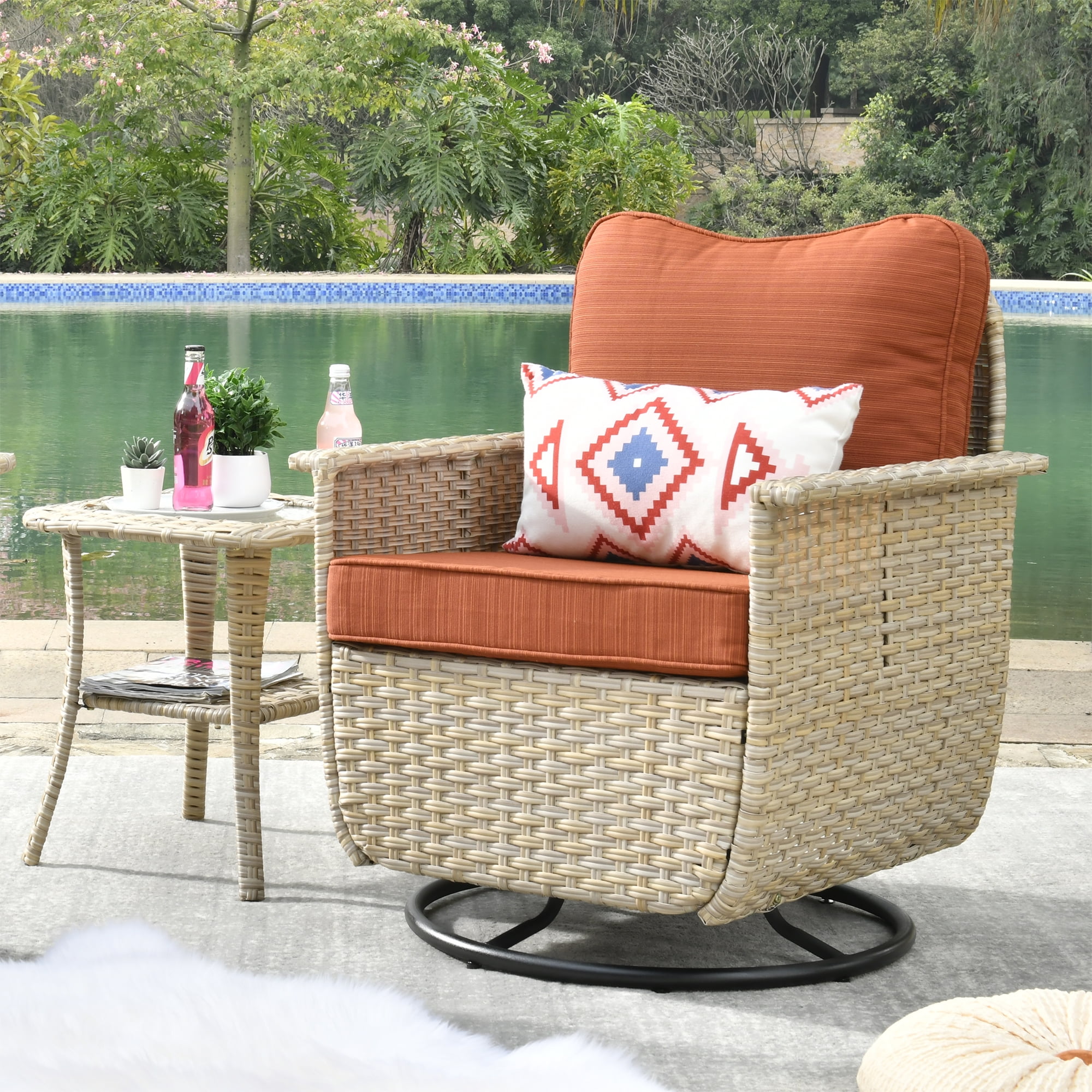 Ovios 2 Pieces Outdoor Patio Furniture Set Wicker Swivel Chair with
