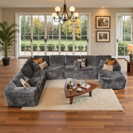 Ovios 211" U-Shape Modular Sectional Sofa Extra Large Plush Corduroy Couch with Chaise Deep Seat Cloud Sofa Bed for Living Room, Gray, No Assembly Needed