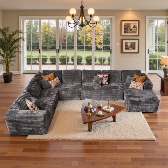 Ovios 211" U-Shape Modular Sectional Sofa Extra Large Plush Corduroy Couch with Chaise Deep Seat Cloud Sofa Bed for Living Room, Gray, No Assembly Needed