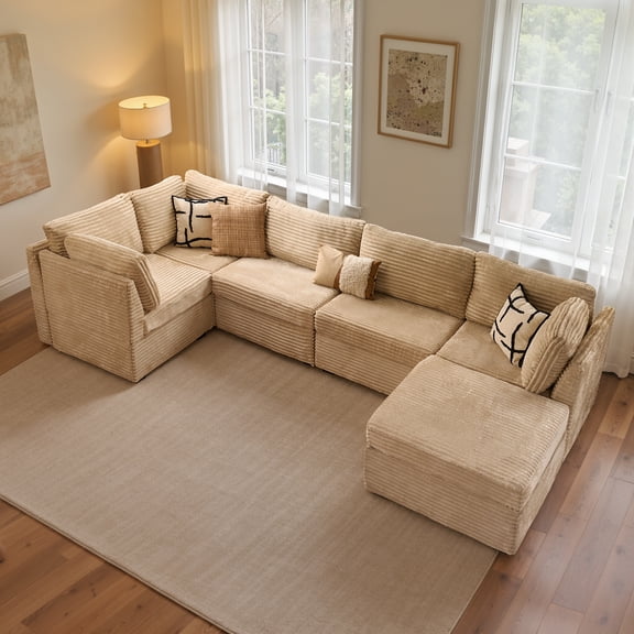 Ovios 130" U-Shaped Sectional Sofa, Oversized Deep Seat Corduroy Modular Couch with Ottoman for Living Room, Beige