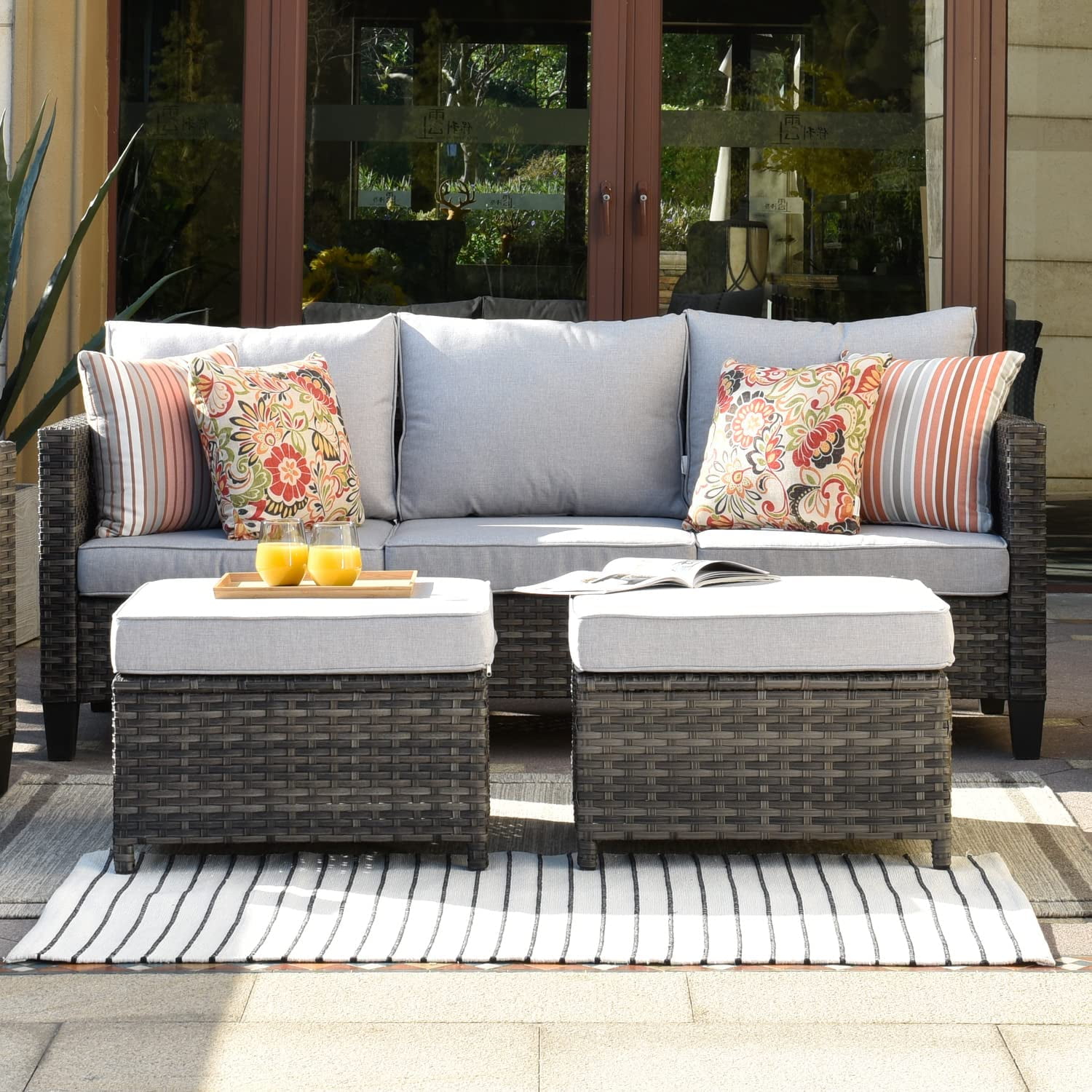 Ovios 3Piece Outdoor Furniture Set AllWeather Wicker Patio Sofa with