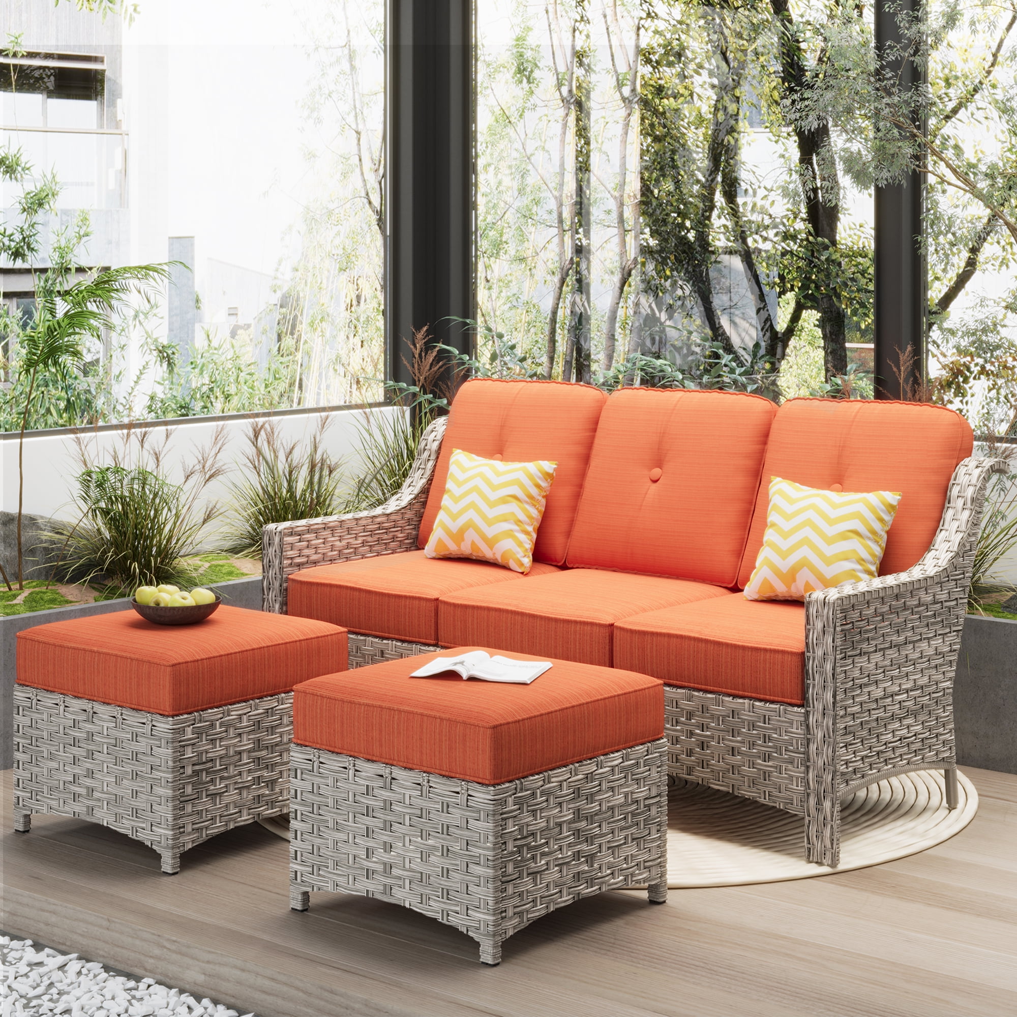 Ovios 3 Pieces Outdoor Furniture Rattan Patio Conversation Set with ...