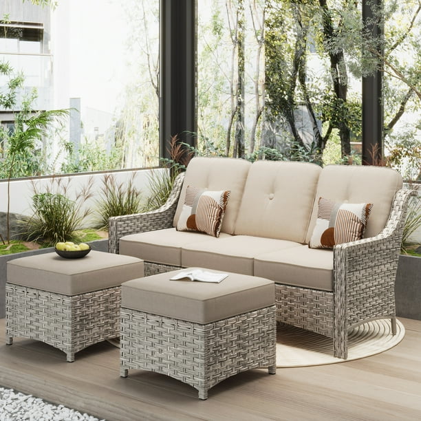Ovios 3 Pieces Outdoor Furniture Rattan Patio Conversation Set with Ottoman for Backyard