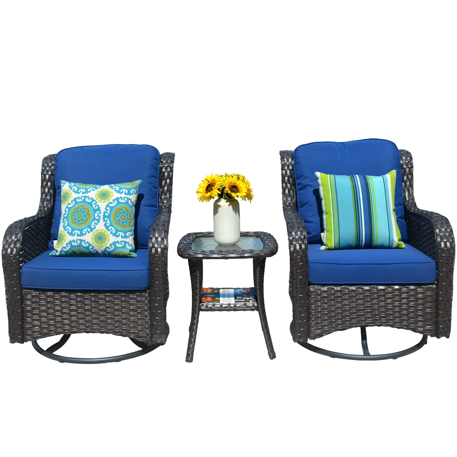 Ovios 3 Pieces Outdoor Furniture Wicker Patio Bistro Set with Swivel Chairs and Soft Cushions for Garden Backyard