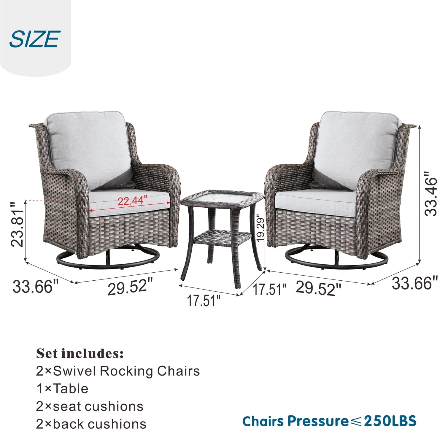 Ovios 3 Pieces Outdoor Furniture Wicker Patio Bistro Set with Swivel Chairs and Soft Cushions for Garden Backyard