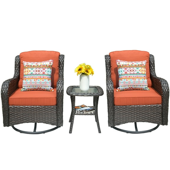 Ovios 3 Pieces Outdoor Furniture Wicker Patio Bistro Set with Swivel Chairs and Soft Cushions for Garden Backyard