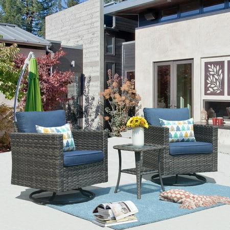 Ovios 3 Pieces Outdoor Furniture with 360°Swivel Rocker Chair Wicker Patio Bistro Set with Side Table