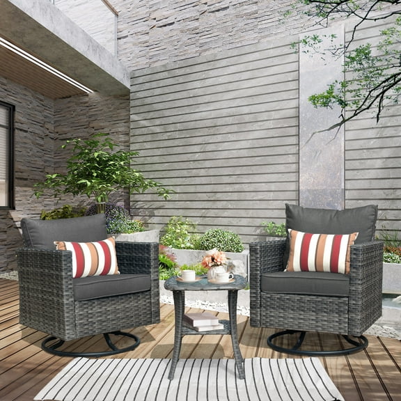 Ovios 3 Pieces Outdoor Furniture with 360°Swivel Rocker Chair Wicker Patio Bistro Set with Side Table