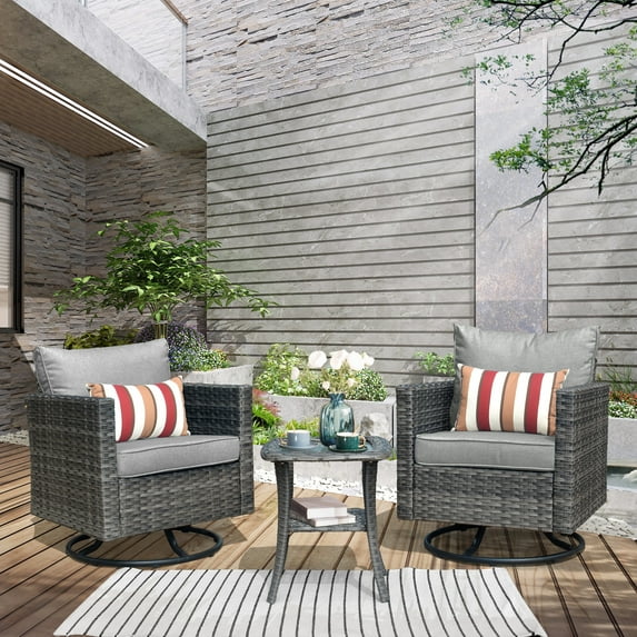 Ovios 3 Pieces Outdoor Furniture with 360°Swivel Rocker Chair Wicker Patio Bistro Set with Side Table